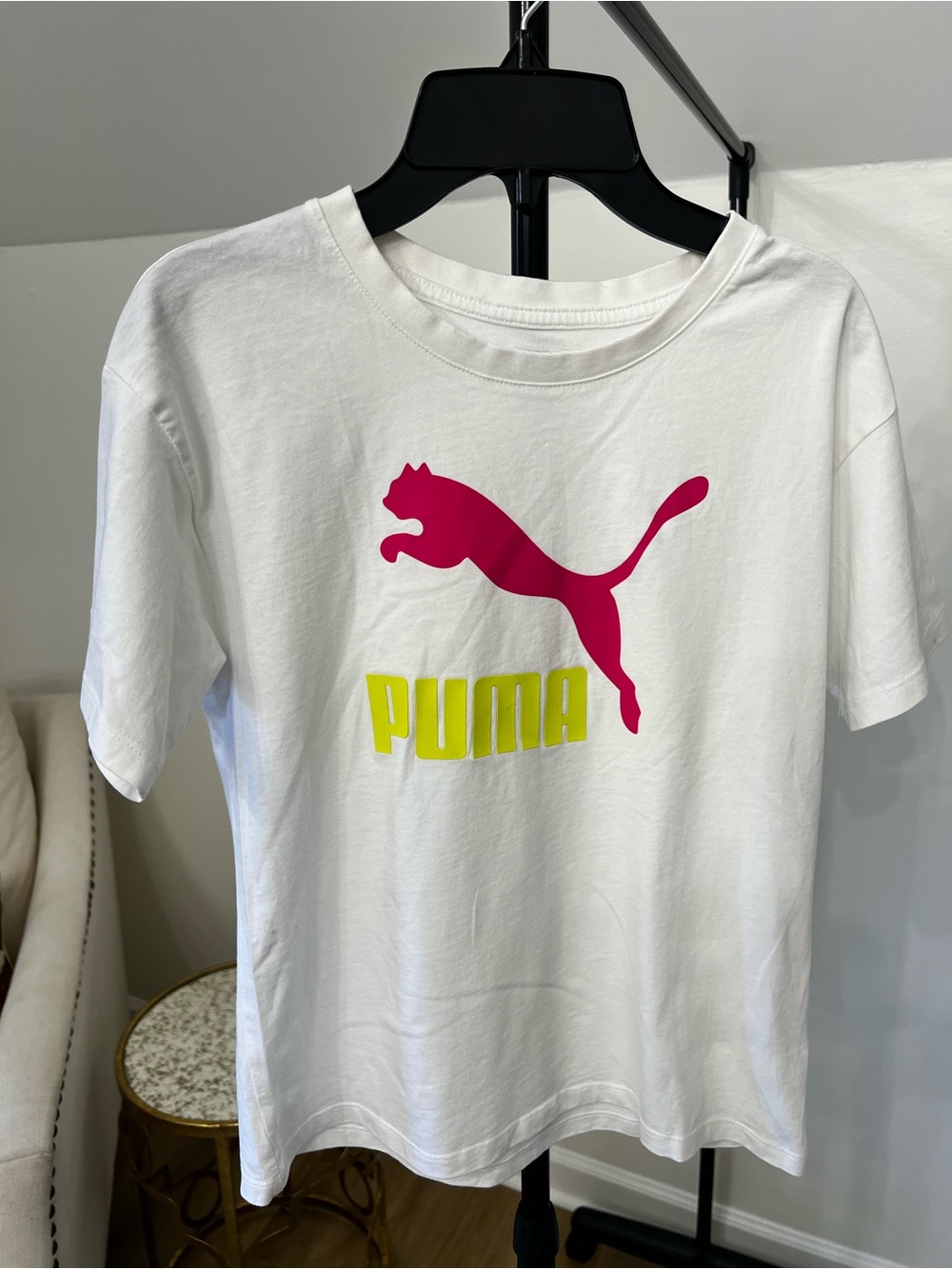 Puma White Tee with Pink Cat Logo and Neon Yellow Wordmark